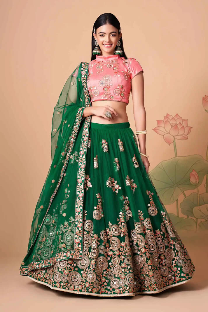 Green Net Lehenga with Zari, Sequins & Mirror Work