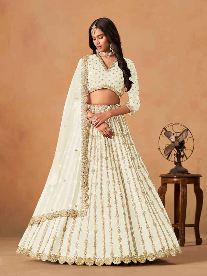 Off White Art Silk Lehenga with Mirror & Embroidery