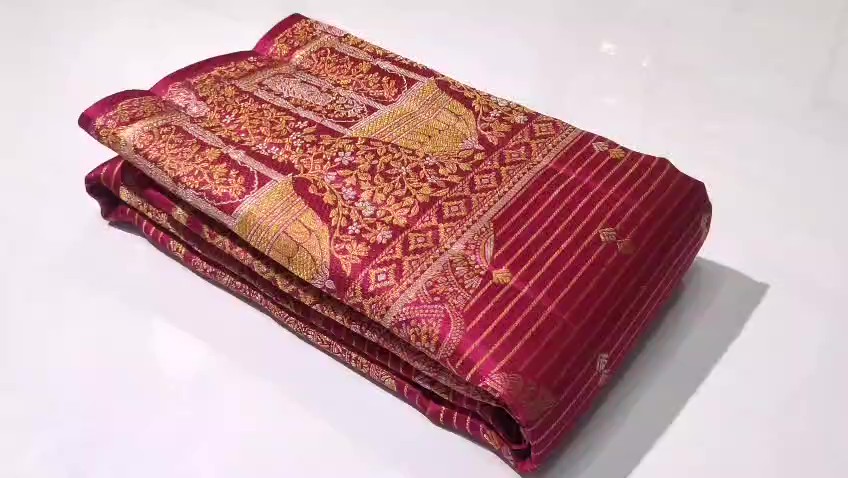 Dark Pink Kanchipuram Handloom Tissue Brocade Resham Warp Silk Saree