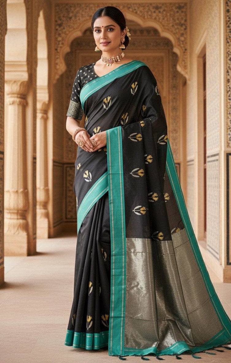 Black Chanderi Handloom Pattu Silk Meenakari Saree