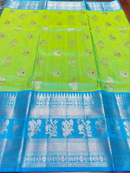 Lime Green Venkatagiri Handloom Pattu Silk Meenakari Saree