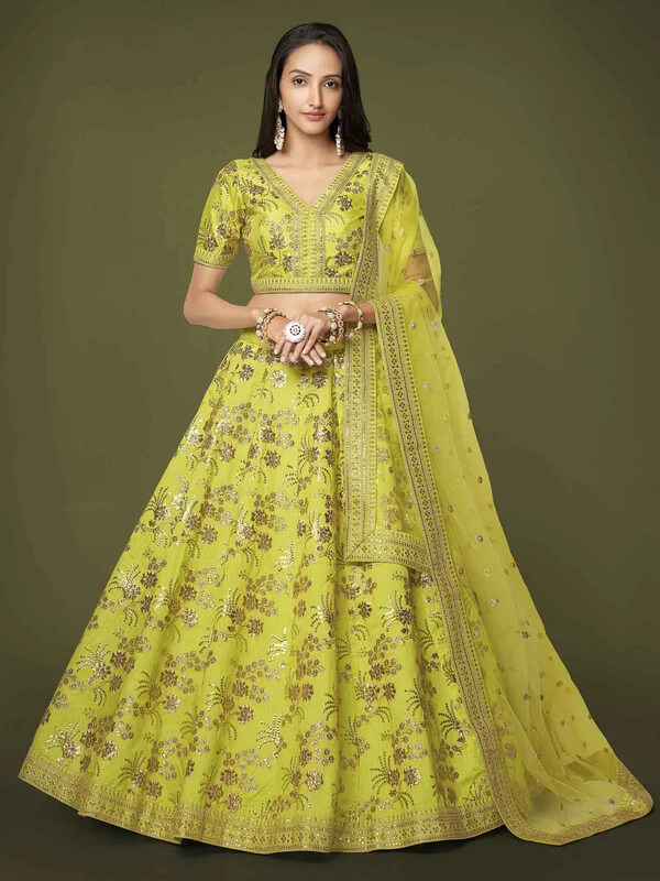 Neon Silk Lehenga with Zari, Sequins & Dori Work