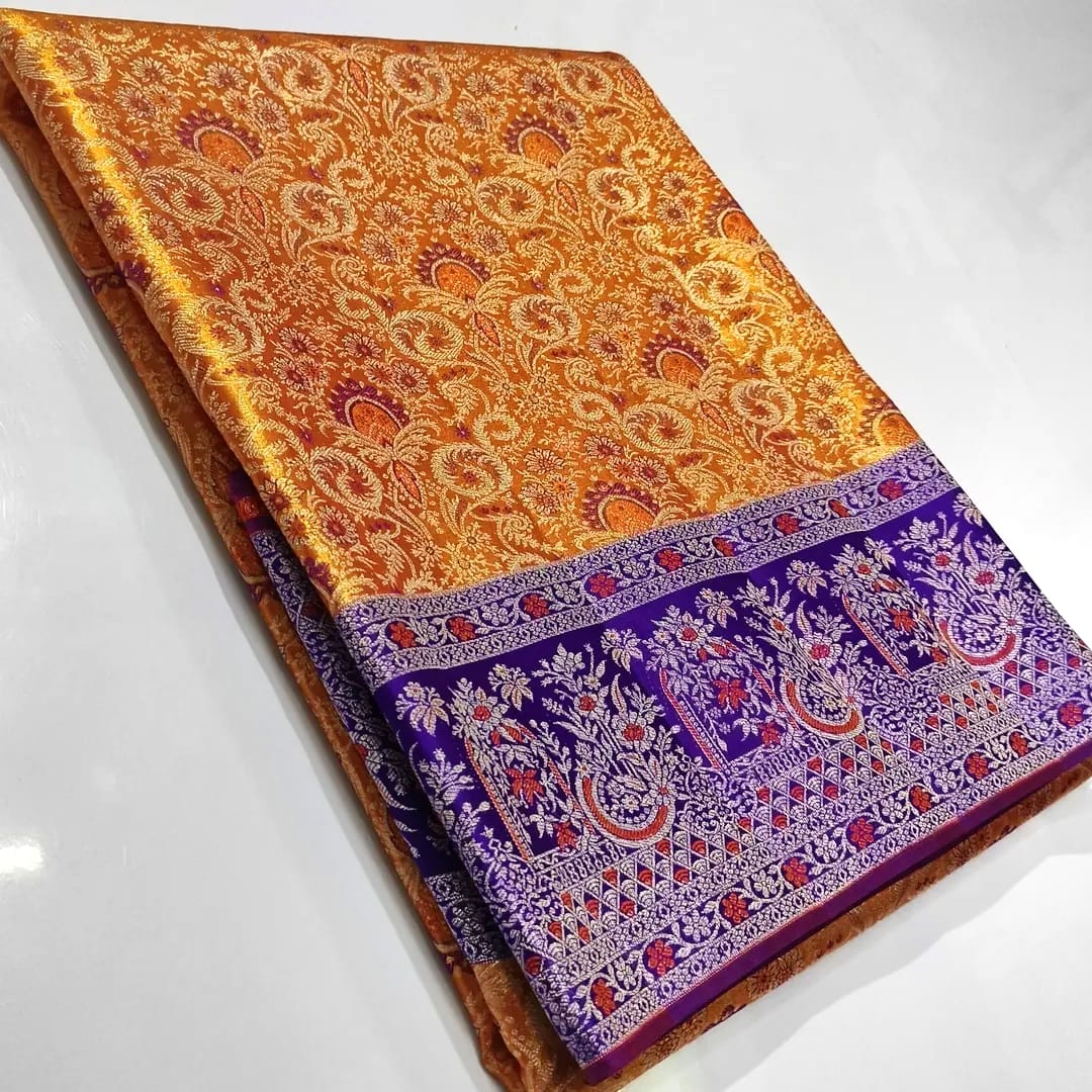 Gold Kanchipuram Handloom Tissue Brocade Meenakari Silk Saree