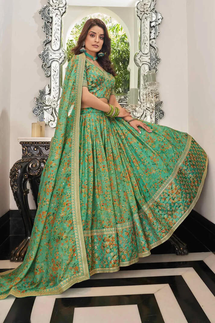 Pista Organza Floral Lehenga with Zari & Sequins Work