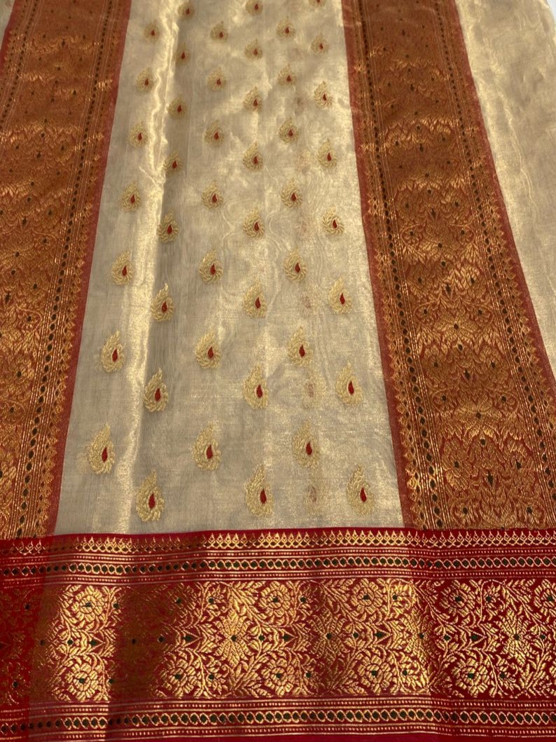 Beige Chanderi Handloom Katan Tissue Silk Meenakari Saree