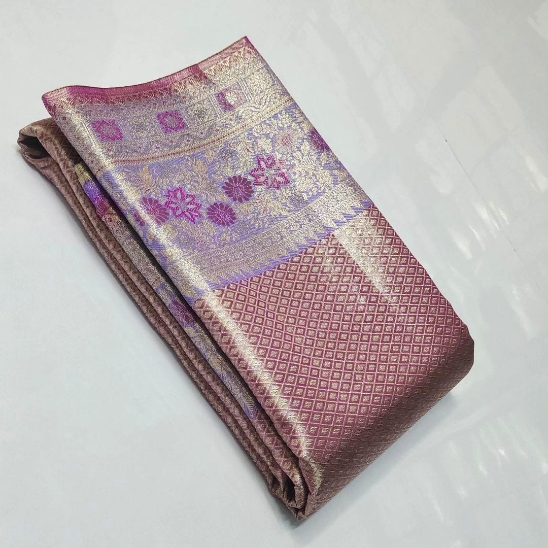 Dark Pink Kanchipuram Handloom Tissue Brocade Meenakari Silk Saree