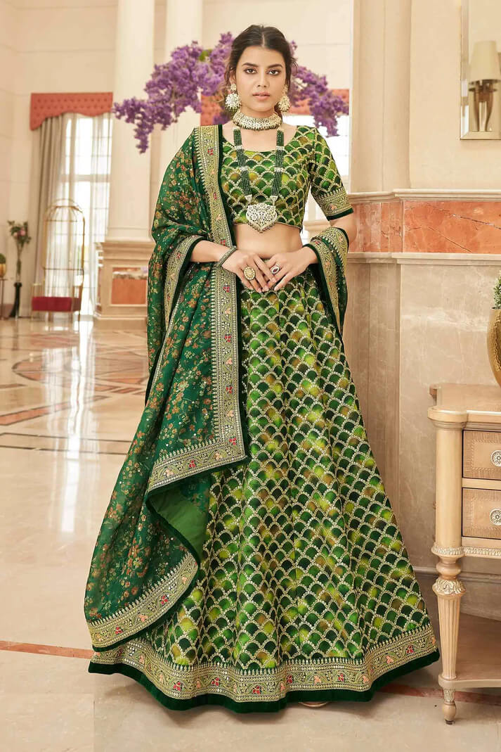 Green Lehenga with Thread, Zari & Sequins Work