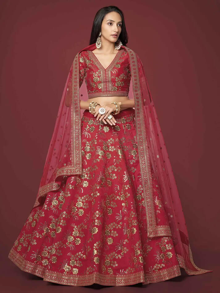 Red Silk Lehenga with Zari, Sequins & Dori Work