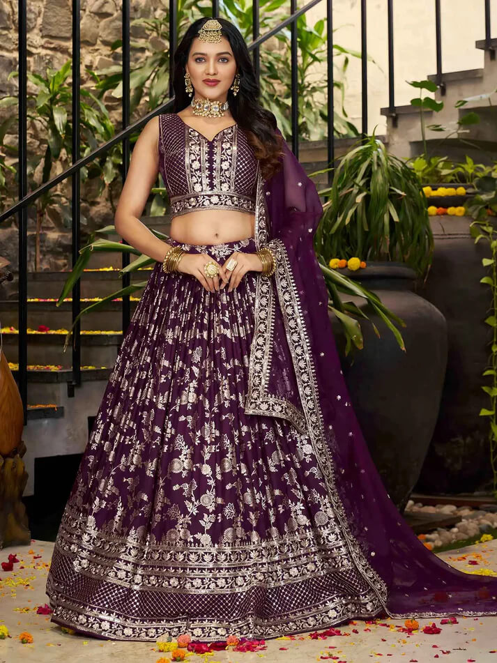 Wine Jacquard Lehenga with Zari & Sequins Work