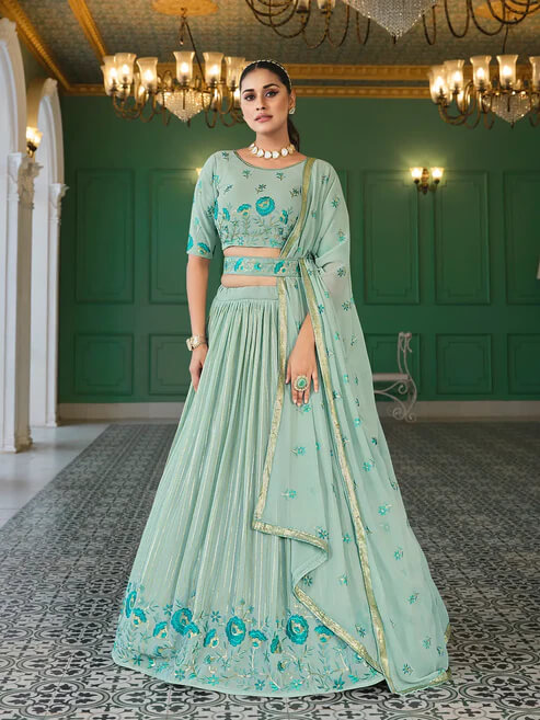 Elegant Light Green Embroidered Georgette Lehenga Choli