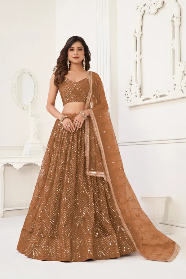 Designer Brown Thread & Mirror Lehenga Choli