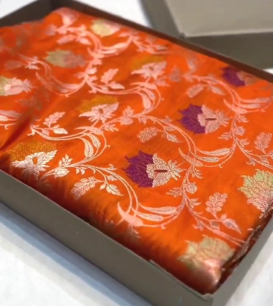Orange Banarasi Handloom Katan Silk Meenakari Saree