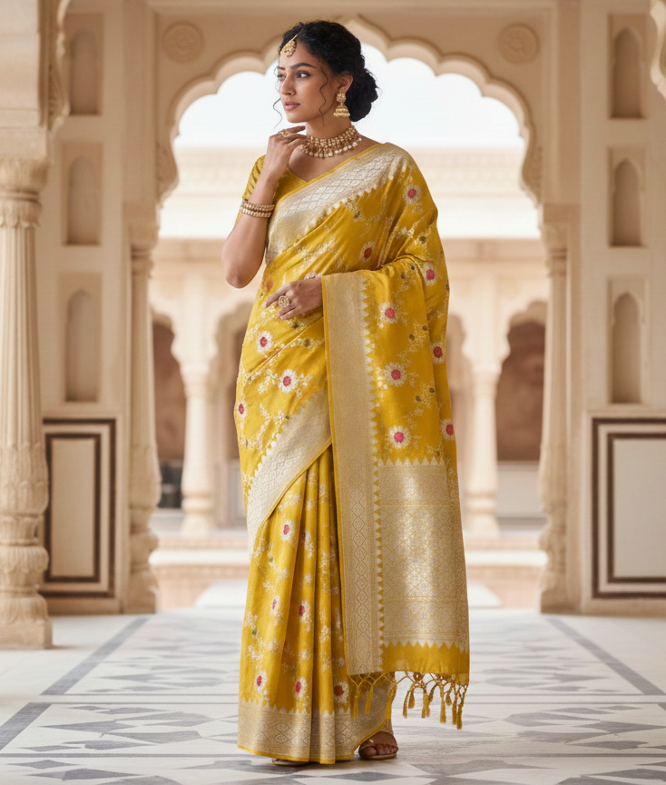 Yellow Banarasi Handloom Katan Moonga Silk Water Zari Meenakari Saree