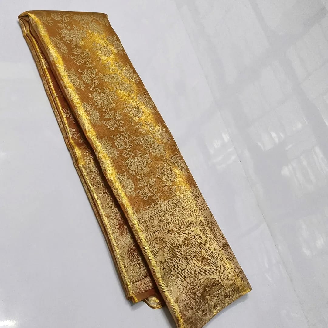 Gold Kanchipuram Handloom Tissue Brocade Silk Bridal Saree