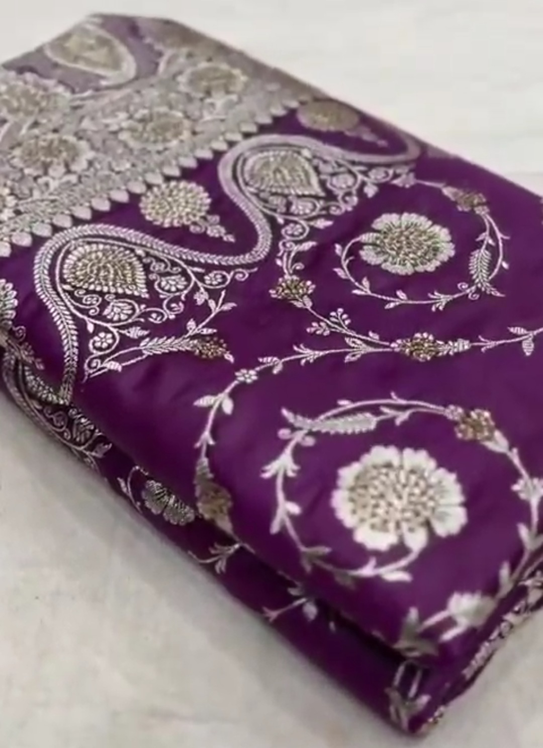 Purple Banarasi Satin Katan Silk Swarovski Jangla Saree