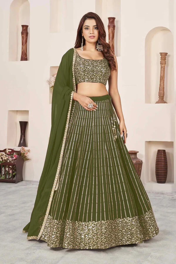 Dark Olive Green Georgette Lehenga with Zari & Sequins