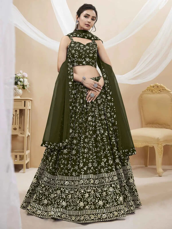 Dark Olive Green Georgette Lehenga with Sequins & Zari