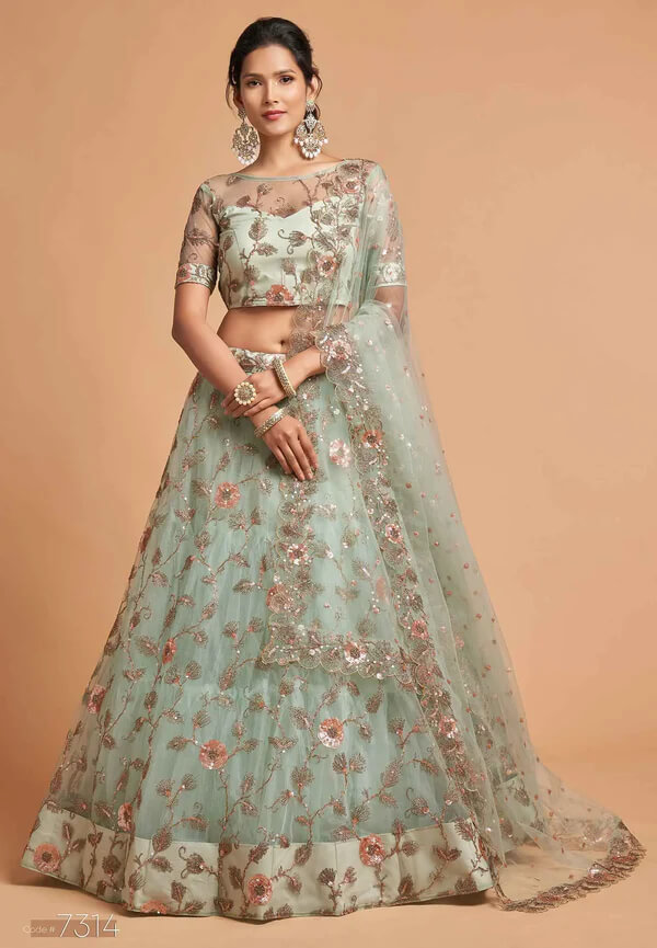 Spanish Green Soft Net Lehenga with Zari & Thread Work