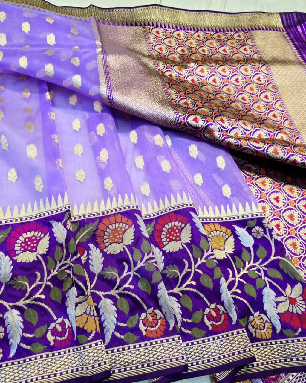 Lilac Banarasi Handloom Kora Tissue Silk Meenakari Saree