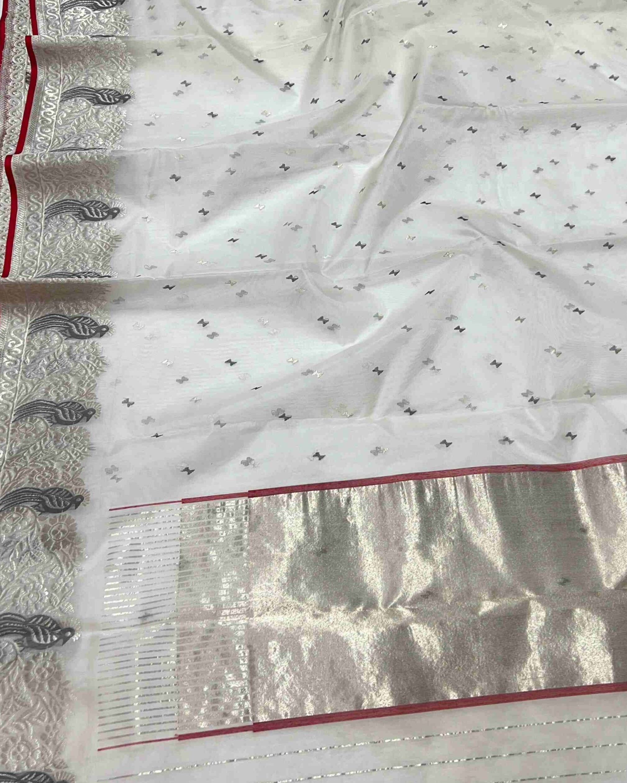 Pearl White Chanderi Handloom Katan Silk Saree