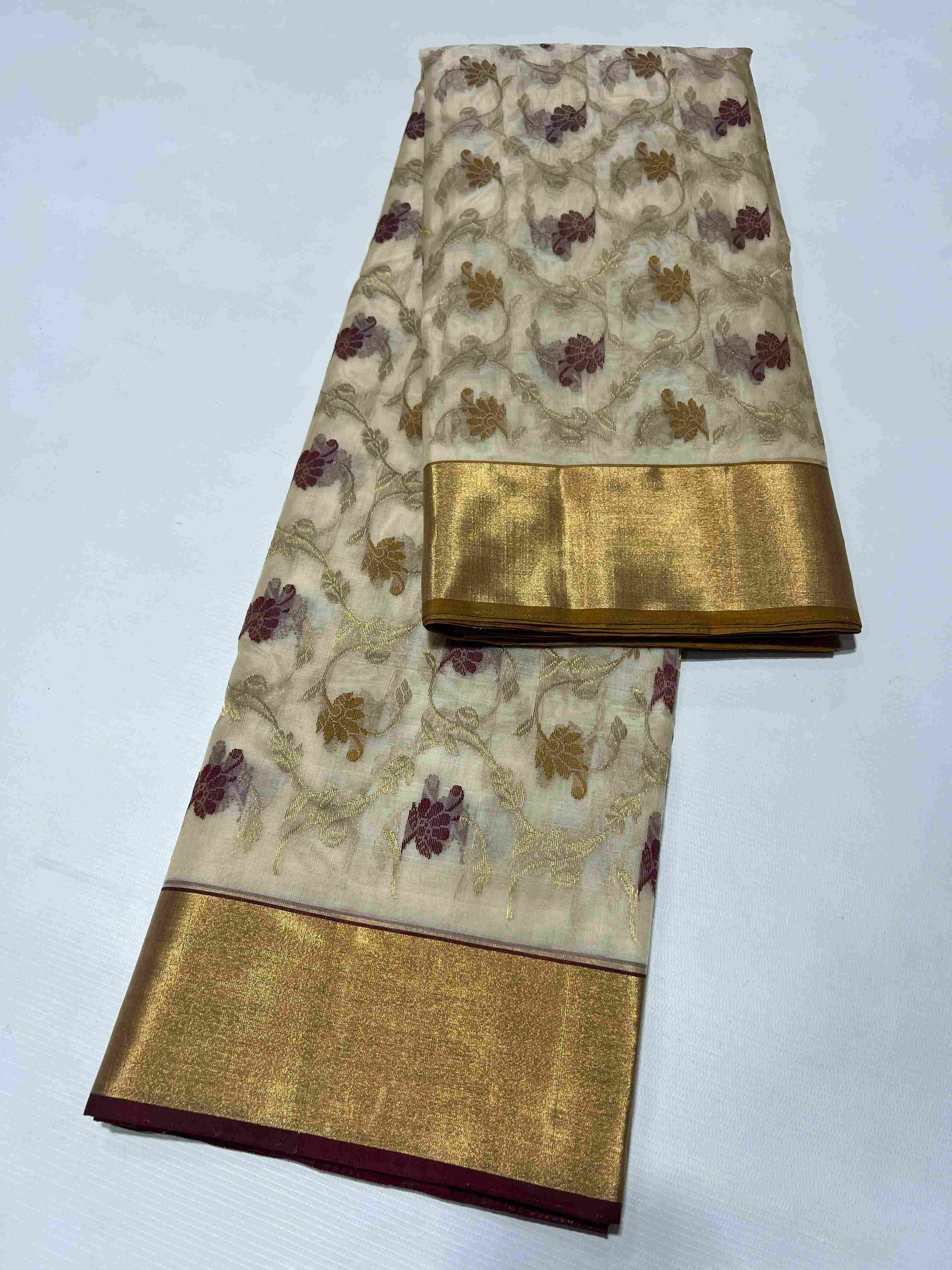 Beige Chanderi Handloom Katan Silk Saree