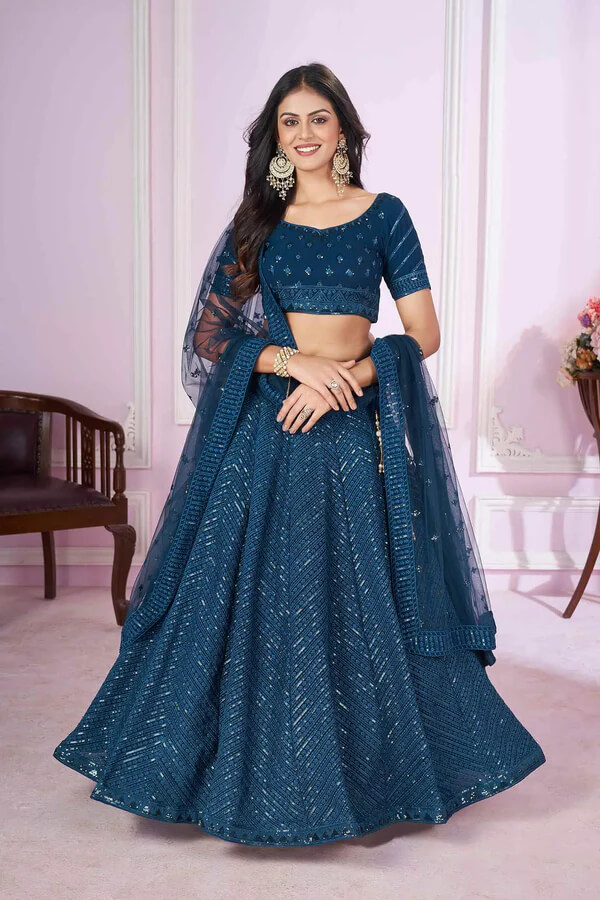 Blue Georgette Lehenga with Sequins & Thread Embroidery
