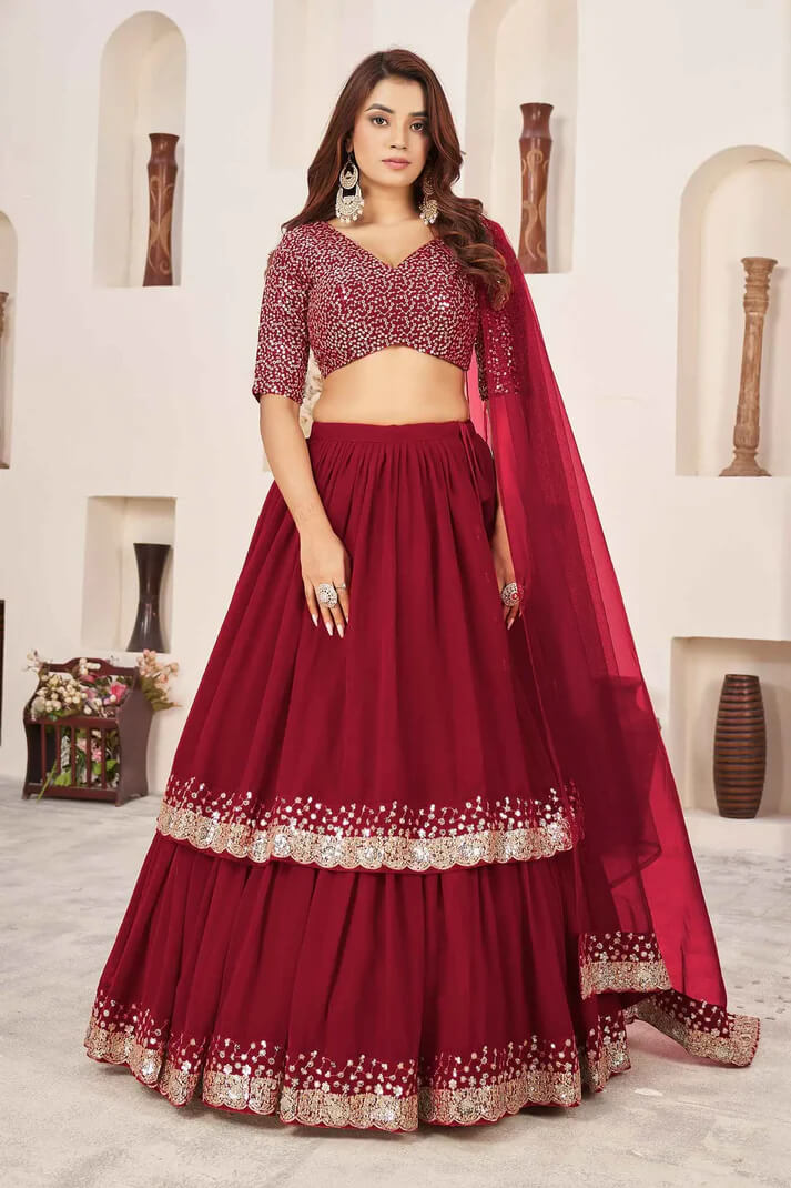 Red Designer Georgette Lehenga with Sequins & Zari