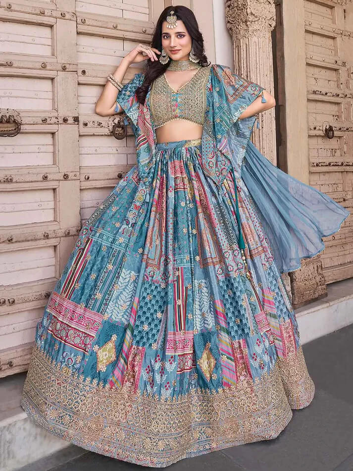 Sky Blue Printed Lehenga with Pearl Work Blouse