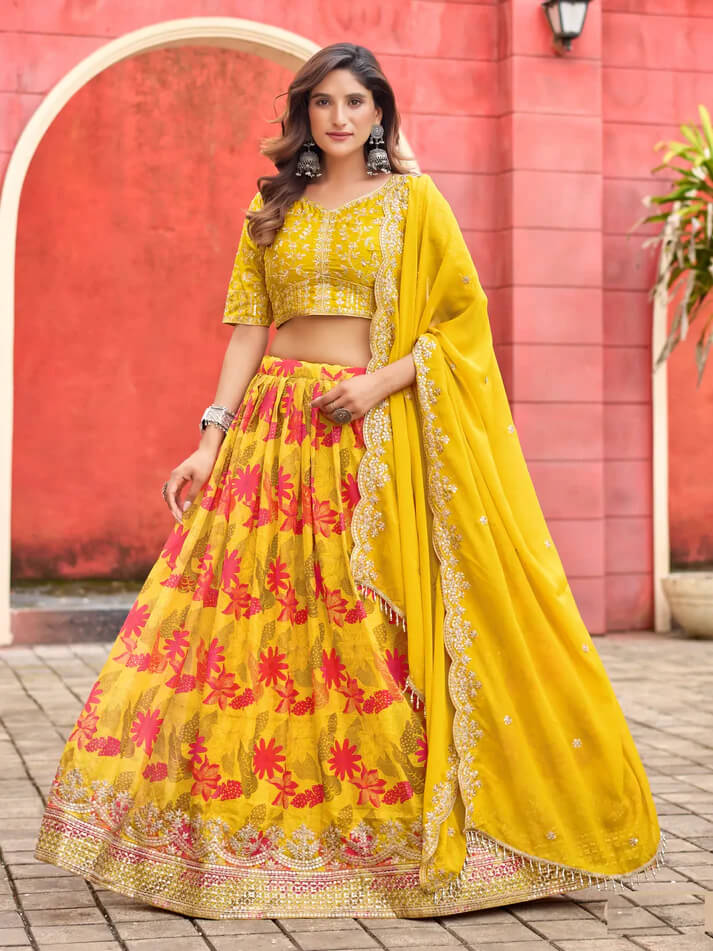 Yellow Taby Silk Lehenga with Floral Print & Embroidery