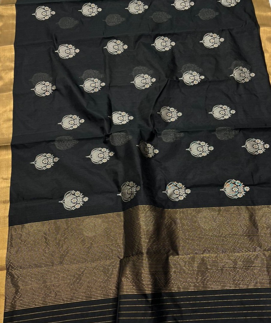 Black Chanderi Handloom Pattu Silk Meenakari Saree