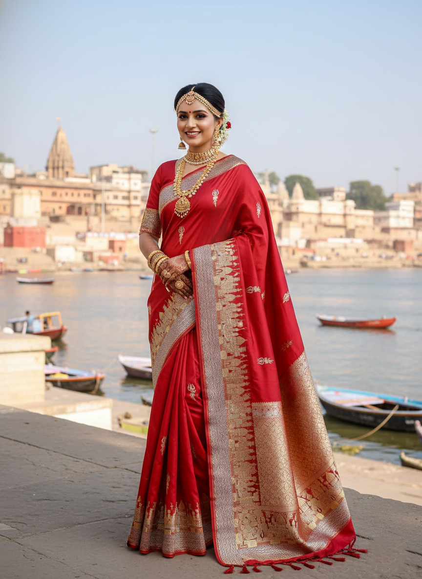 Rustic Red Banarasi Handloom Katan Silk Meenakari Saree