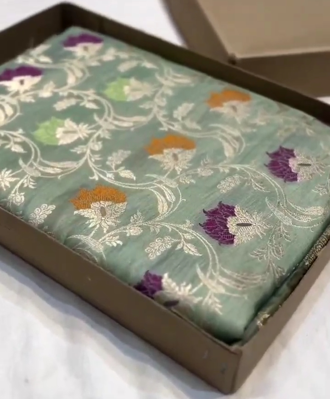 Pista Green Banarasi Handloom Katan Silk Meenakari Saree