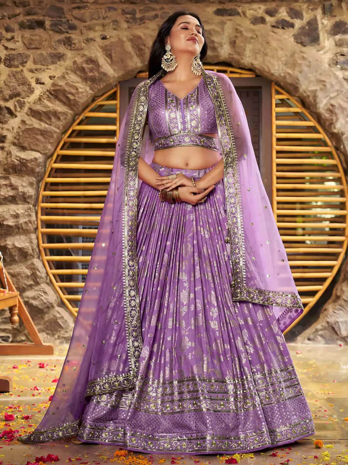 Lavender Jacquard Lehenga with Zari & Sequins Work