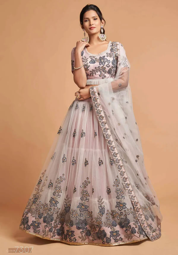 Pinkish Grey Soft Net Lehenga with Thread & Sequins Work