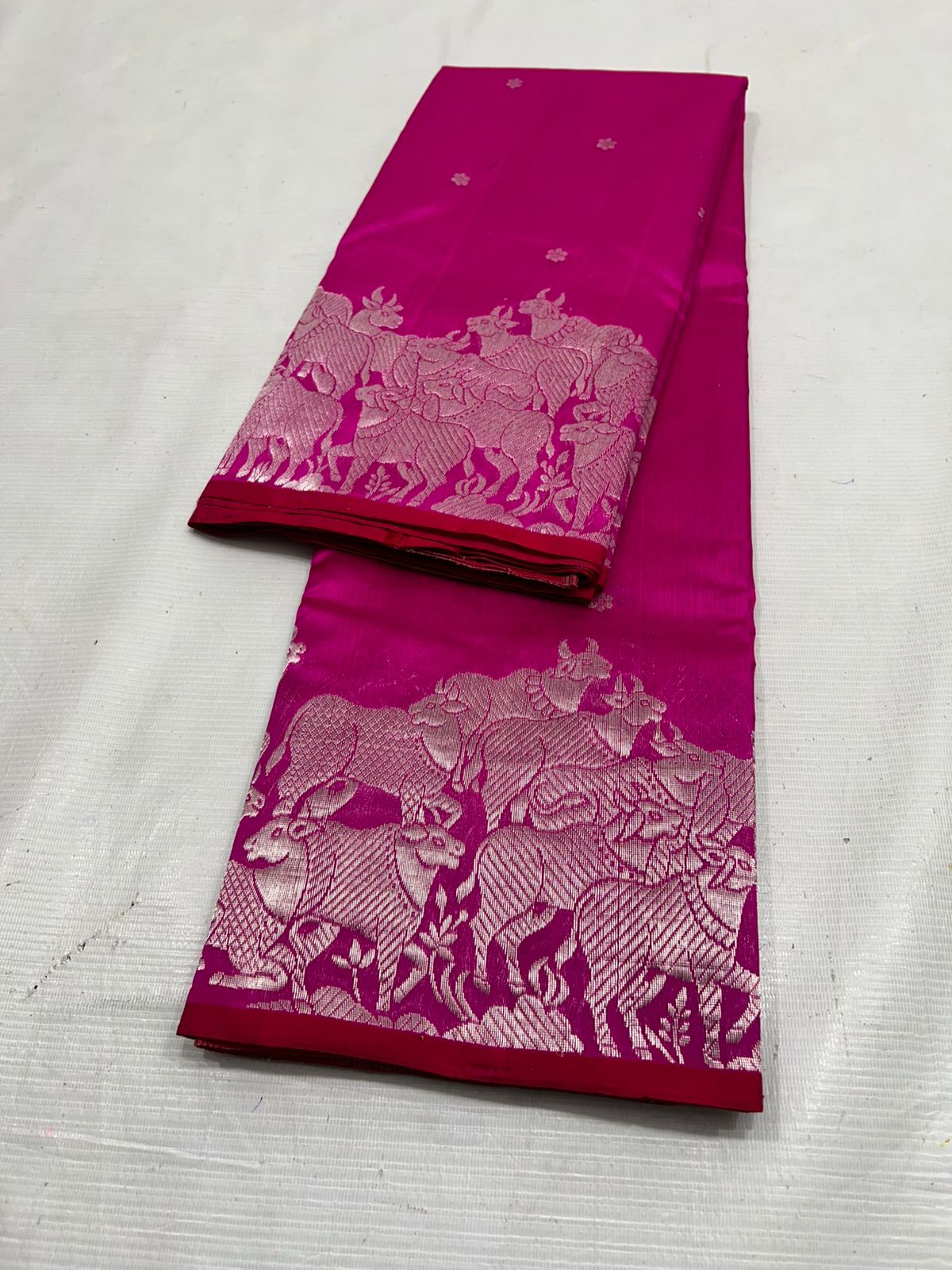 Hot Pink Chanderi Handloom Pattu Silk Handwork Saree