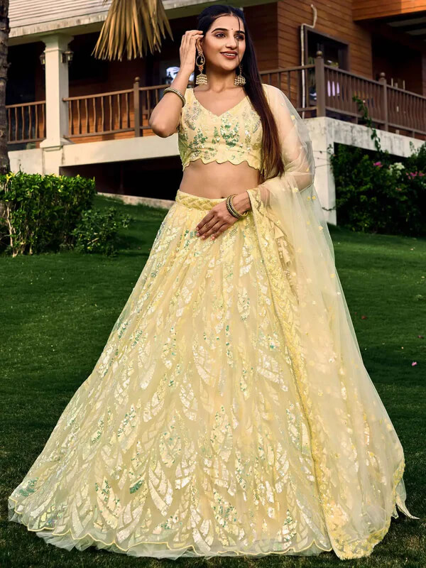 Yellow Soft Net Lehenga with Sequins & Thread Work