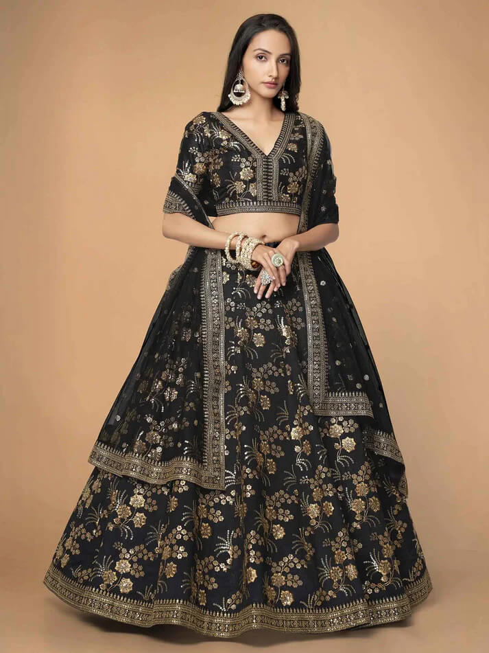 Black Silk Lehenga with Zari, Sequins & Dori Work