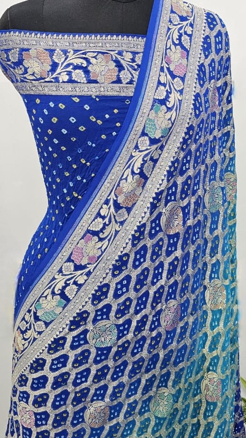 Blue Banarasi Handloom Gold Zari Bandhani Georgette Silk Saree