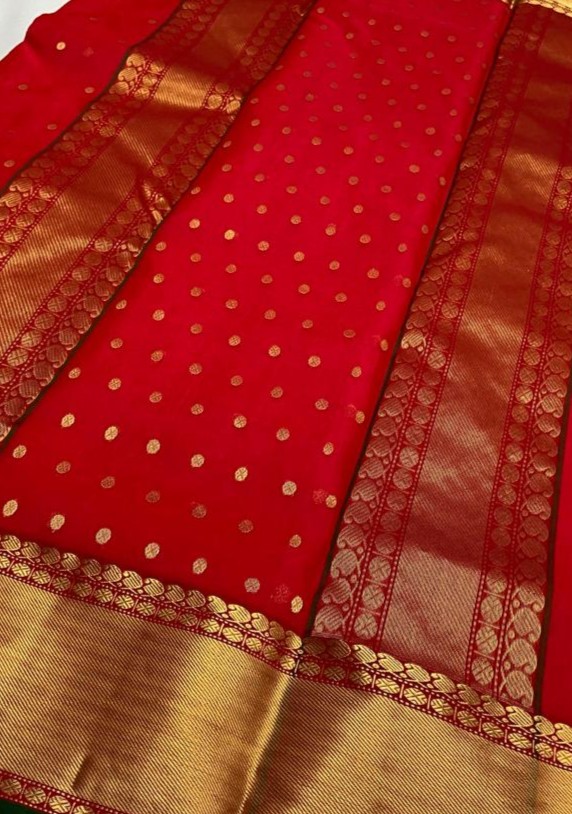 Red Chanderi Handloom Katan Silk Nakshi Saree