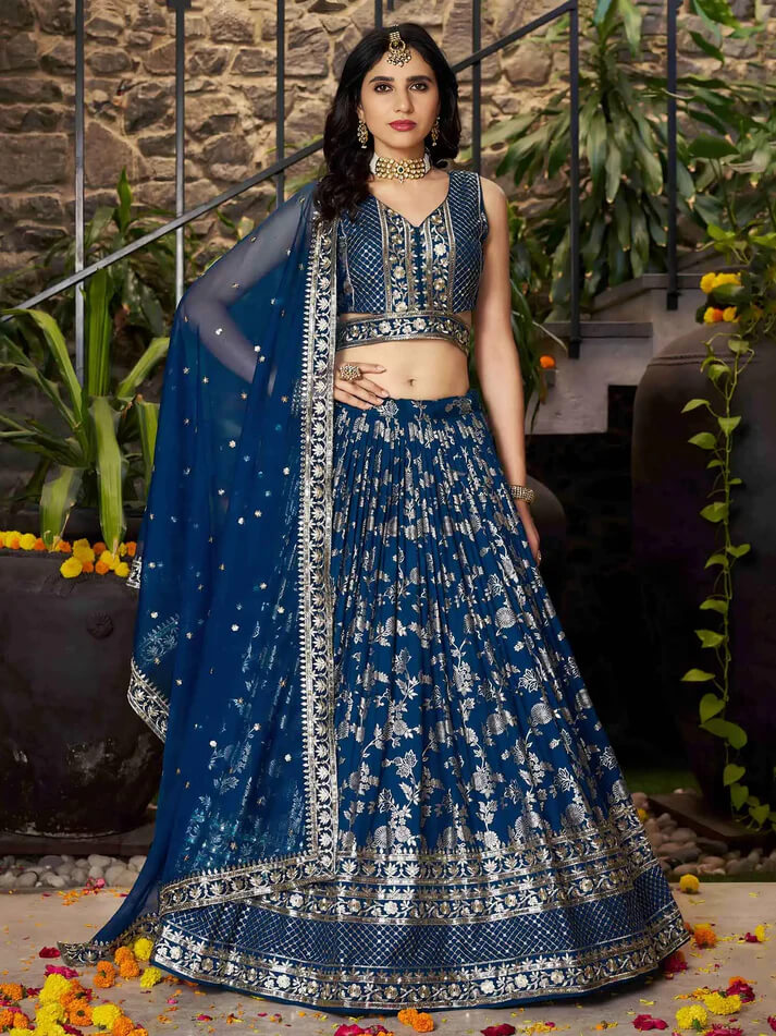 Dove Blue Jacquard Lehenga with Zari & Sequins Work