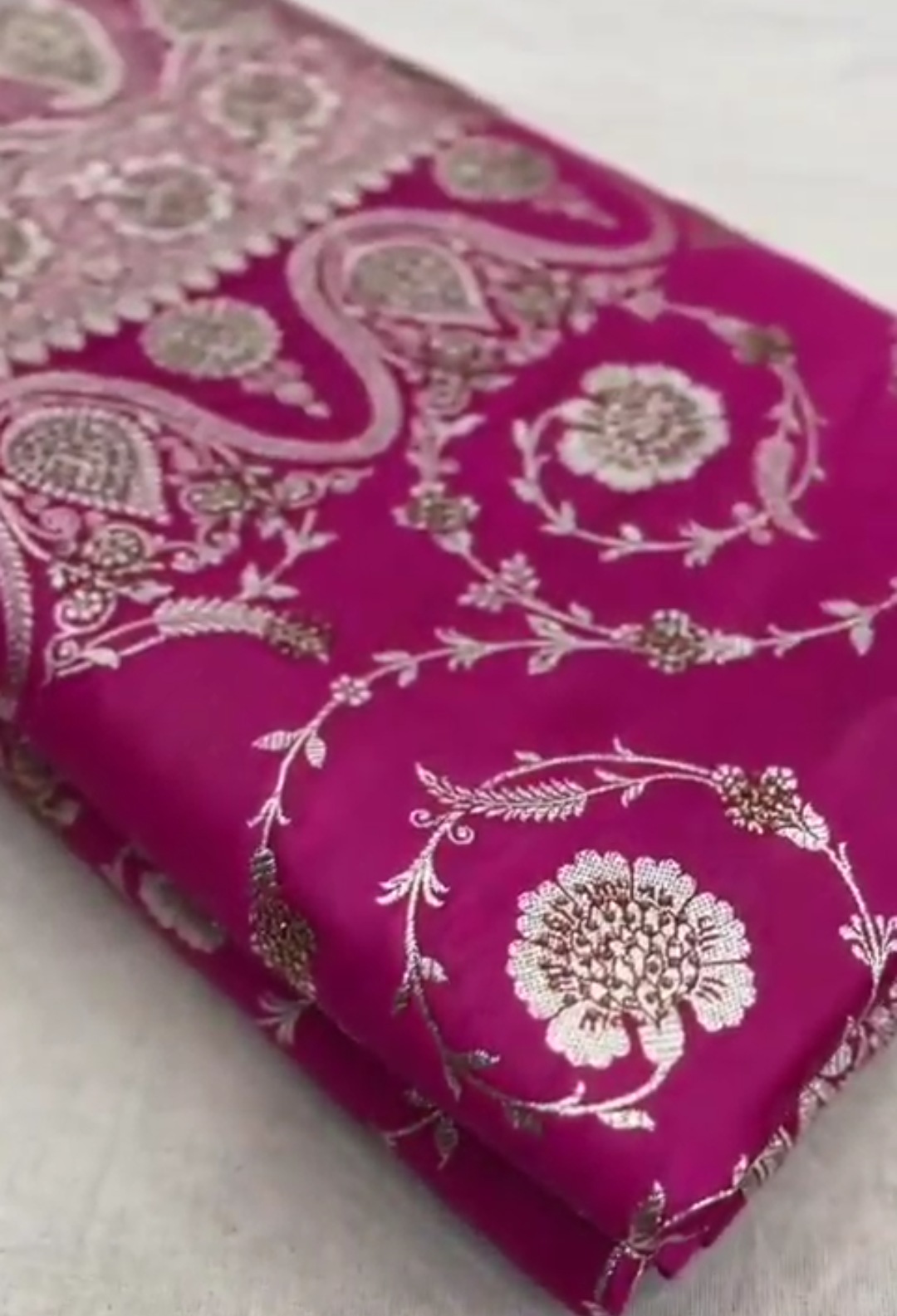 Hot Pink Banarasi Satin Katan Silk Swarovski Jangla Saree