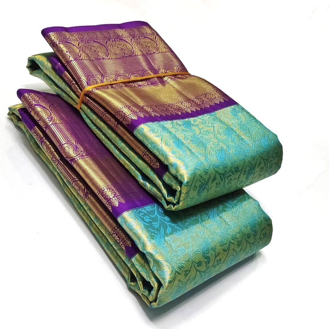 Turquoise Kanchipuram Handloom Tissue Brocade Silk Saree