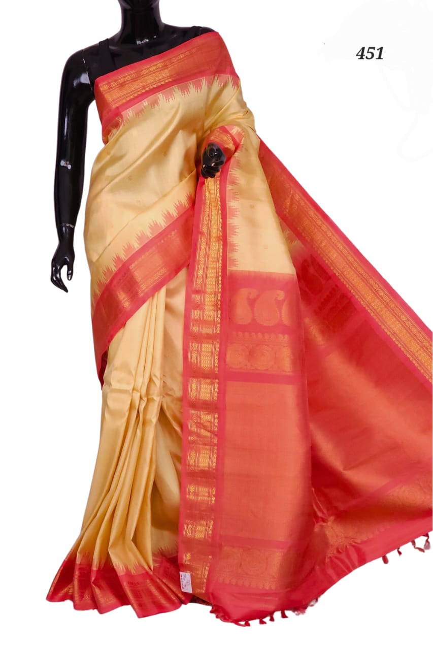 Gadwal Handloom Pure Silk Contrast Temple Sarees