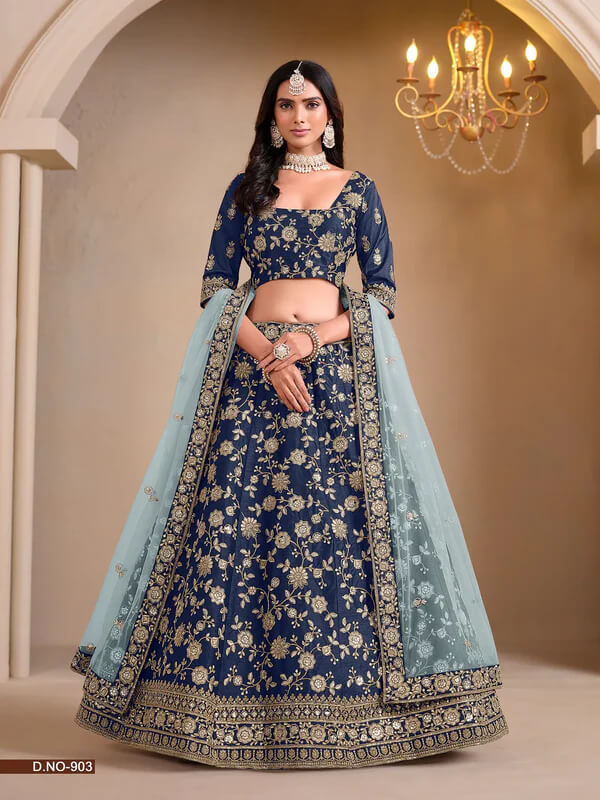 Dark Blue Art Silk Designer Lehenga Choli with Sequins Work