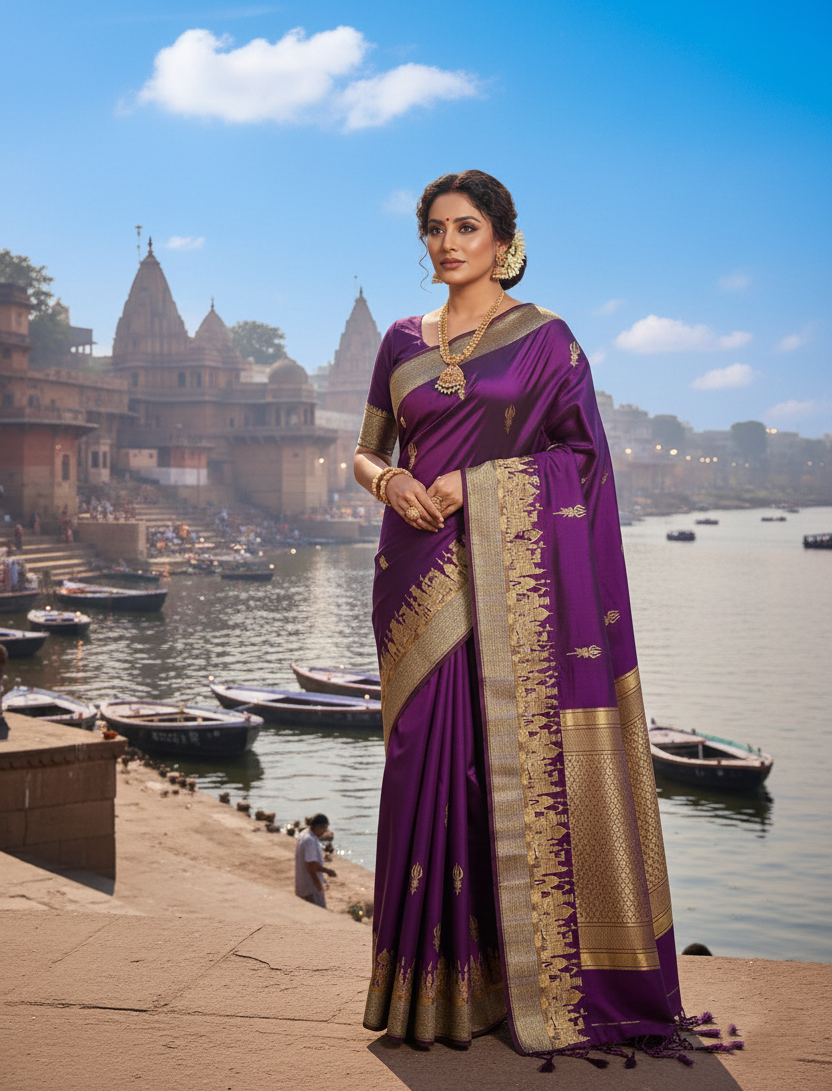 Purple Banarasi Handloom Katan Silk Meenakari Saree