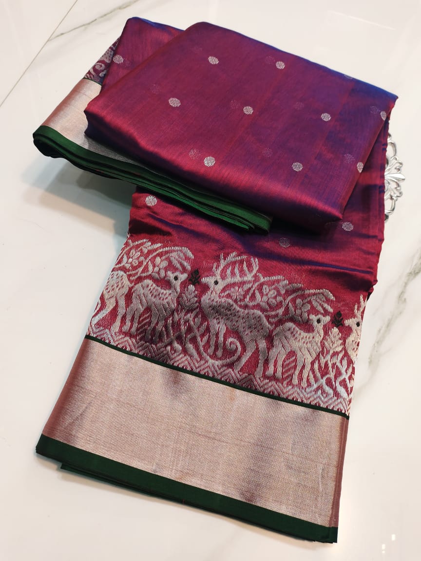 Maroon Chanderi Handloom Pattu Silk Handwork Meenakari Saree