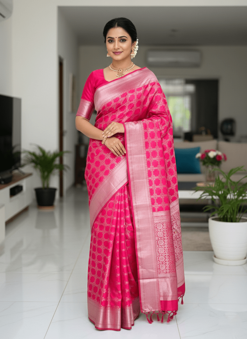 Rani Pink Chanderi Handloom Pattu Silk Saree