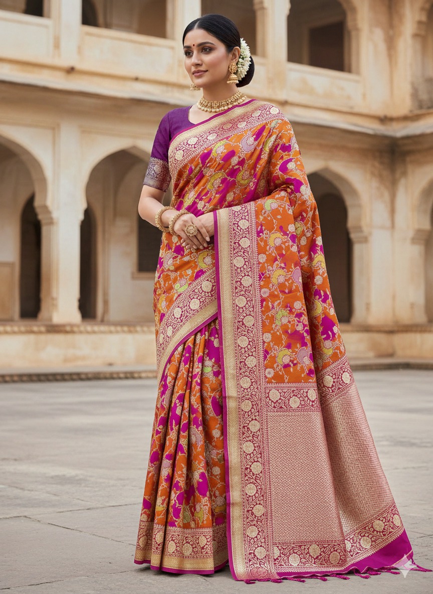 Hot Pink Banarasi Handloom Katan Silk Rangkaat Meenakari Saree