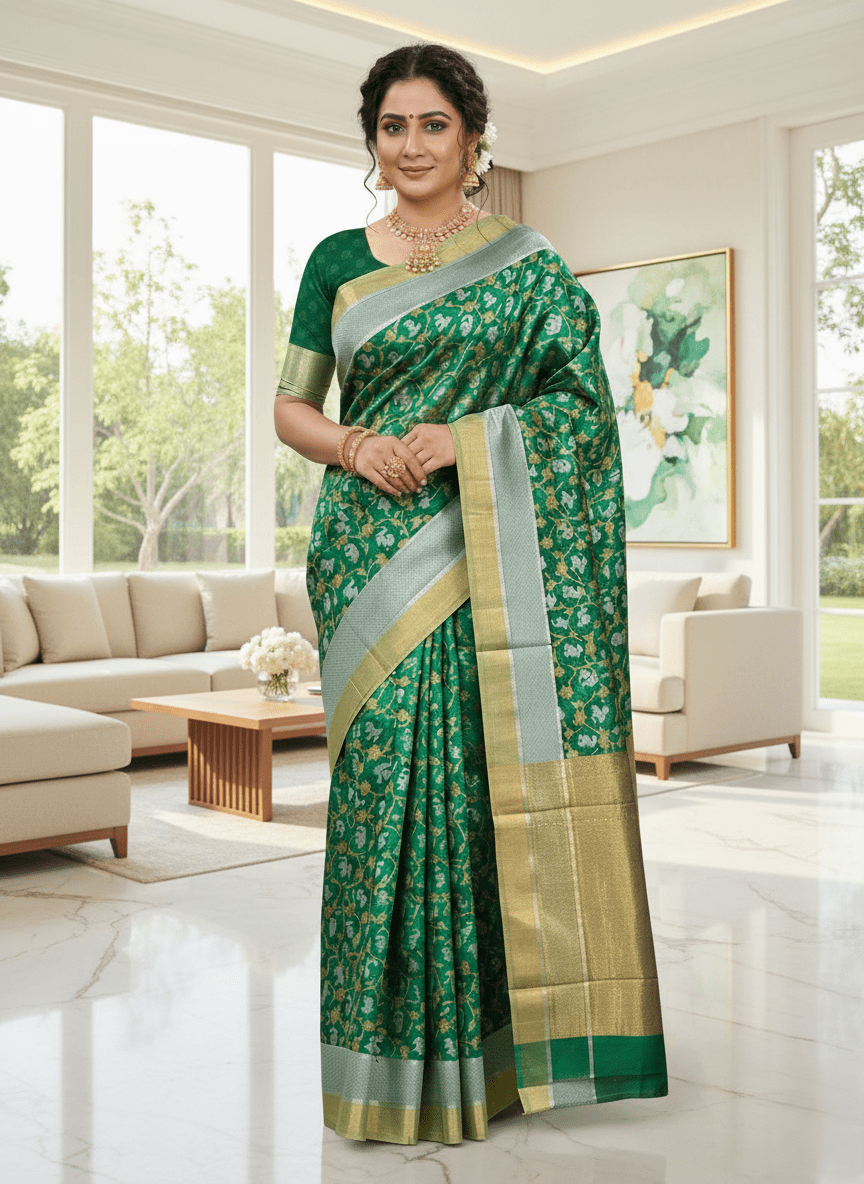 Green Chanderi Handloom Pattu Silk Shikargah Handwork Saree