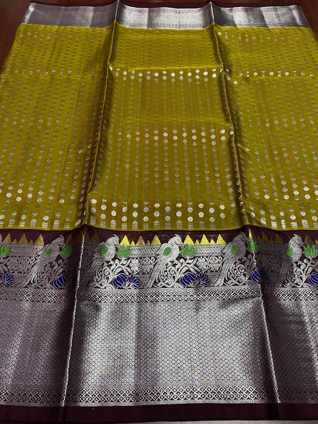 Mustard Venkatagiri Handloom Pattu Silk Meenakari Saree